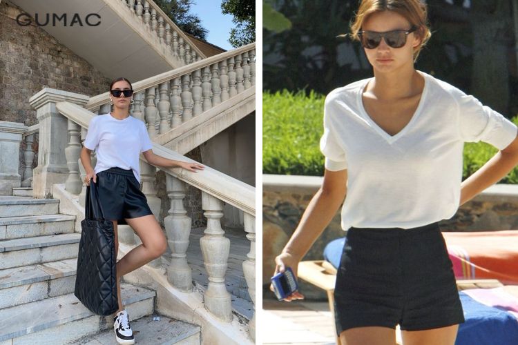 Áo thun trắng với quần short đen