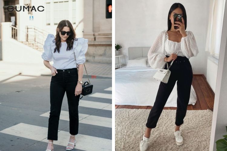Áo blouse trắng với quần jean đen