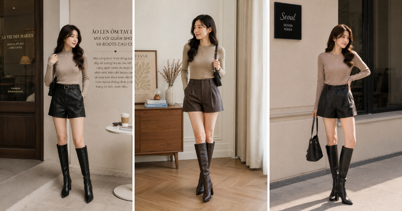 Áo len ôm kết hợp cùng quần short da hoặc dạ sẽ giúp bạn khoe khéo đôi chân thon dài và khẳng định gu thời trang cá tính, sành điệu.