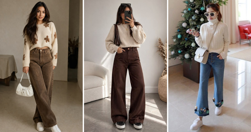 Áo len ôm tay dài phối cùng quần jeans ống rộng mang đến vẻ ngoài trẻ trung, năng động và pha chút bụi bặm.
