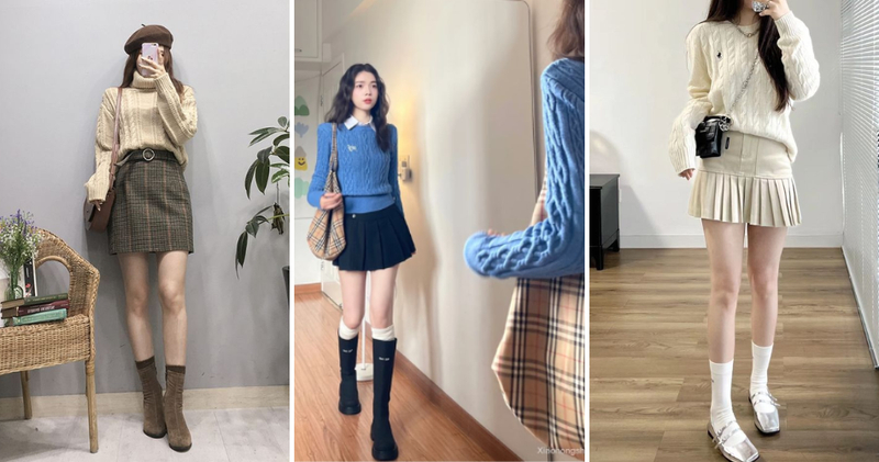 Áo len ôm tay dài phối với chân váy chữ A ngắn mang lại sự trẻ trung và năng động.