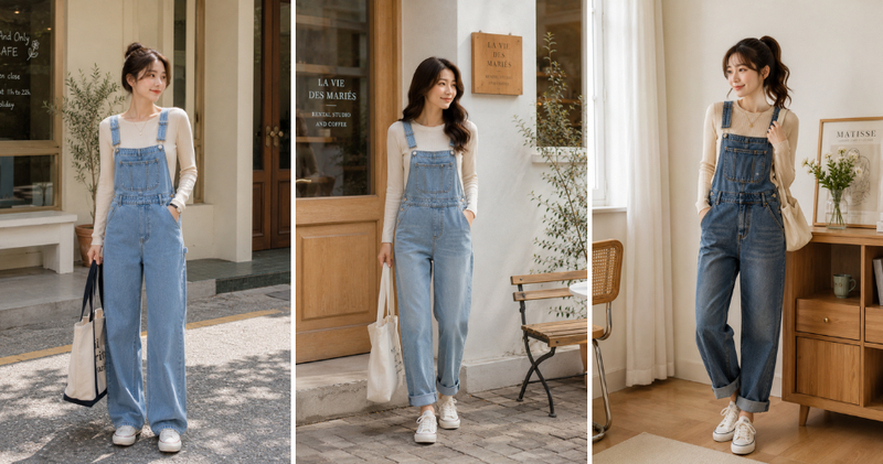 Mix áo len ôm tay dài cùng quần yếm tạo nên một set đồ năng động, đáng yêu.