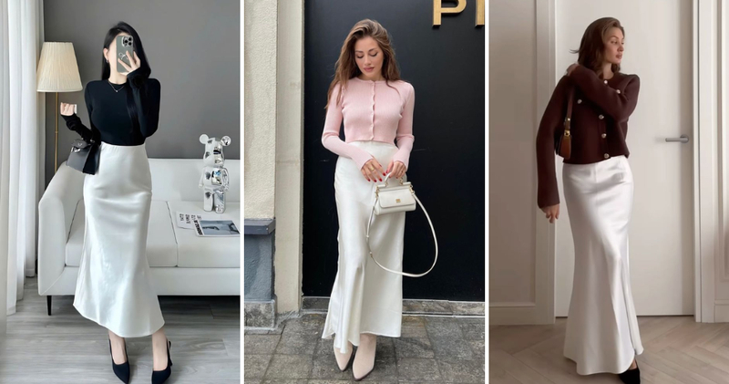 Set đồ áo len ôm tay dài kết hợp với chân váy lụa toát lên vẻ sang trọng, quý phái và cực kỳ quyến rũ.
