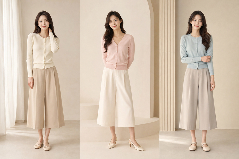 Áo cardigan kết hợp với quần lửng ống rộng mang lại vẻ mềm mại, điệu đà.