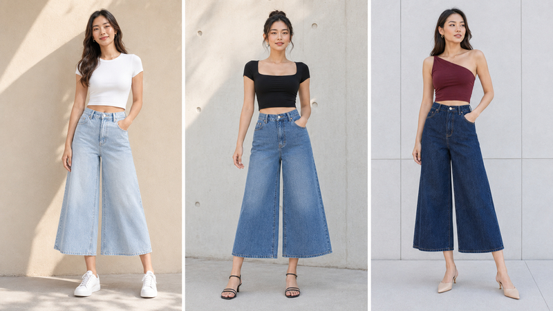 Áo croptop ôm kết hợp với quần jean lửng ống rộng giúp bạn tự tin thu hút mọi ánh nhìn.