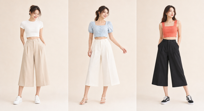 Áo croptop và quần lửng ống rộng mang đến phong cách trẻ trung.