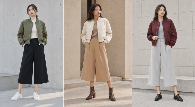 Áo khoác bomber kết hợp với quần lửng ống rộng để có một outfit thời trang mà còn giữ ấm cơ thể.