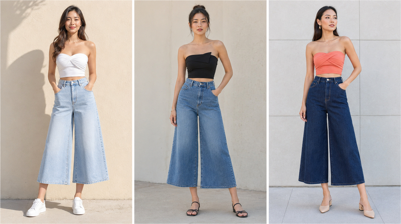 Áo quây bra cách điệu phối với quần jean lửng ống rộng giúp khoe khéo vòng eo con kiến với set đồ đơn giản nhưng chuẩn chỉnh.
