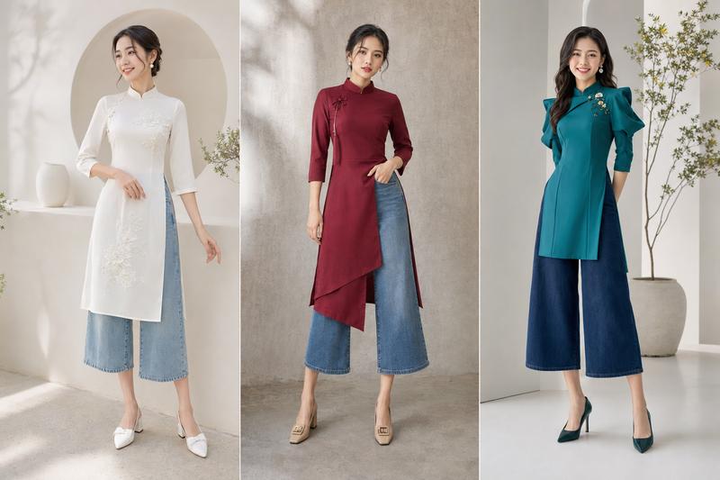 Bộ đôi áo dài cách tân và quần jean lửng ống rộng không chỉ mang lại vẻ mới mẻ mà còn cực kỳ bắt mắt.