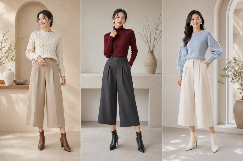 Kết hợp áo len với quần lửng ống rộng, bạn sẽ có outfit vừa ấm áp vừa thời trang.