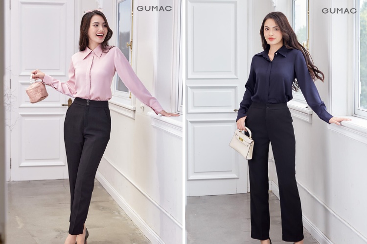 Phối quần tây nữ với áo sơ mi vải lụa
