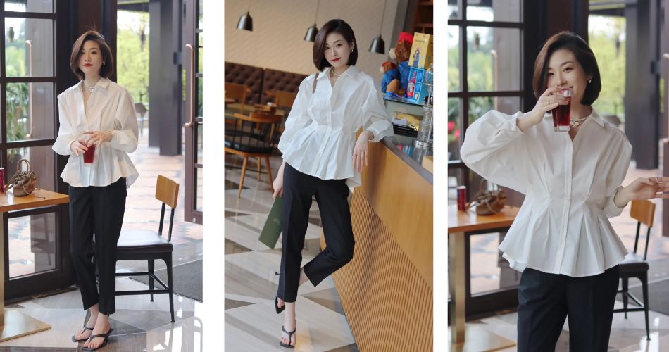 Tip phối quần tây dáng ôm với áo sơ mi peplum