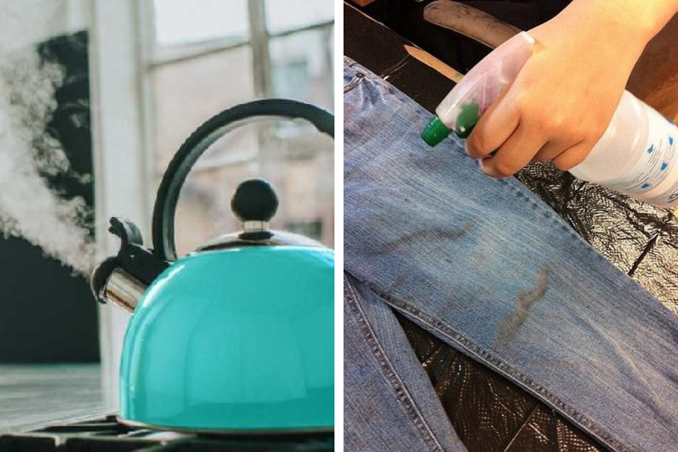 xịt nước ấm lên bề mặt quần jean 