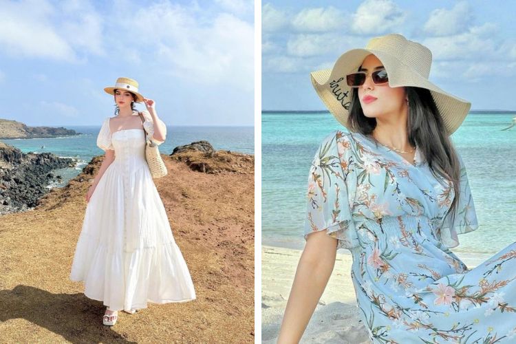 Cách tạo dáng đẹp với mũ rộng vành phối váy maxi