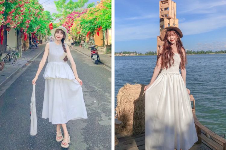 Tạo dáng chụp hình khi nhấc nhẹ váy