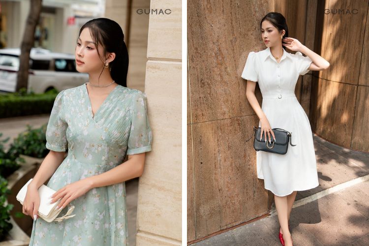 Tạo dáng mặc váy xòe khi dựa vào tường