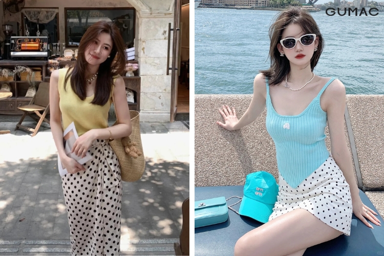 Áo hai dây phối với chân váy chấm bi