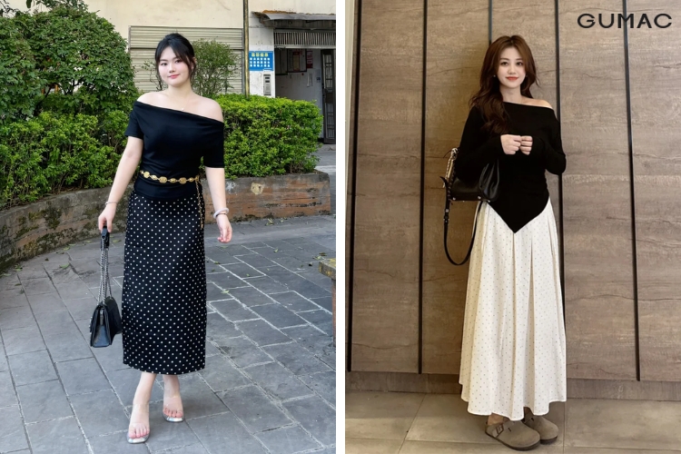 Áo lệch vai phối với chân váy chấm bi