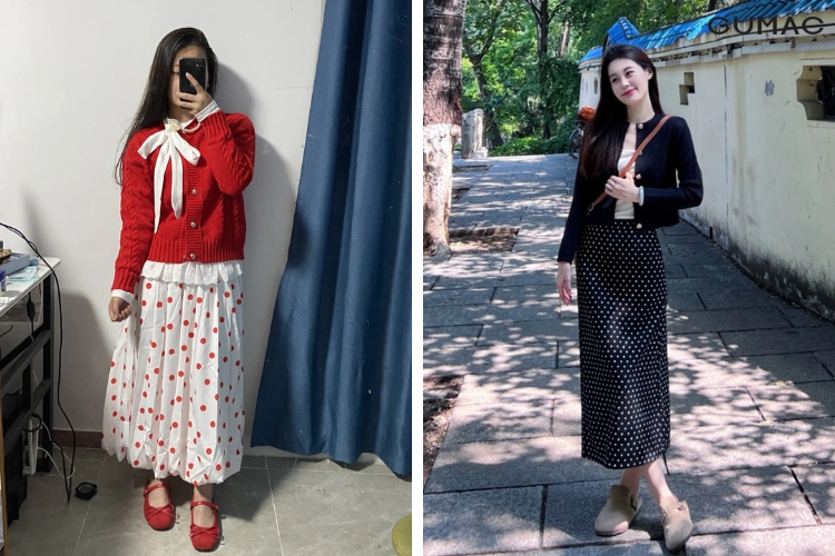 Áo len phối với chân váy chấm bi