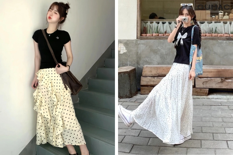 Áo phông phối với chân váy chấm bi