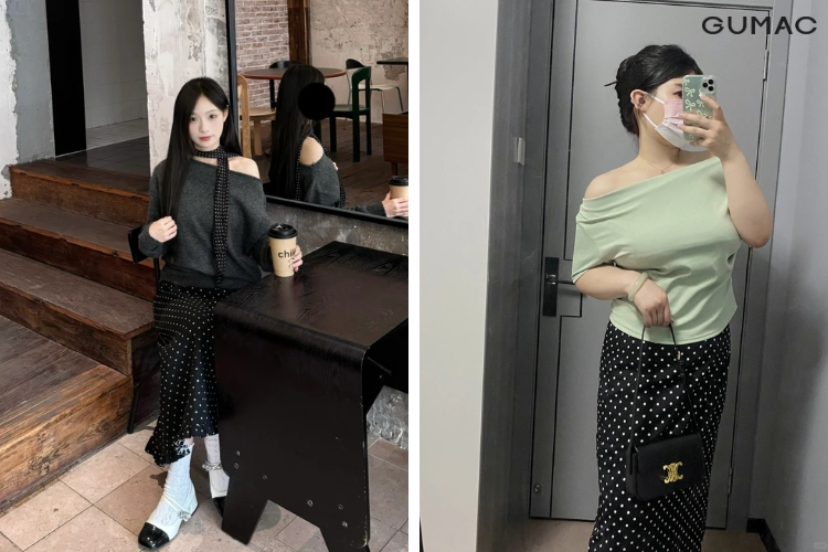 Áo trễ vai phối với chân váy chấm bi