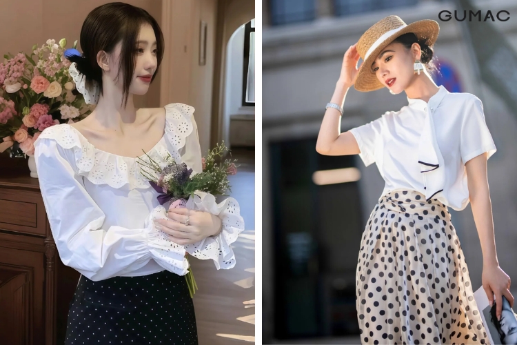 Áo voan phối với chân váy chấm bi