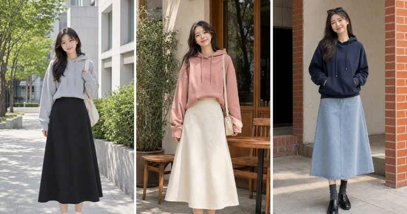 Chân váy chữ A dài mix với áo hoodie là lựa chọn tuyệt vời để vừa ấm áp vừa xinh xắn, đặc biệt trong tiết trời se lạnh.