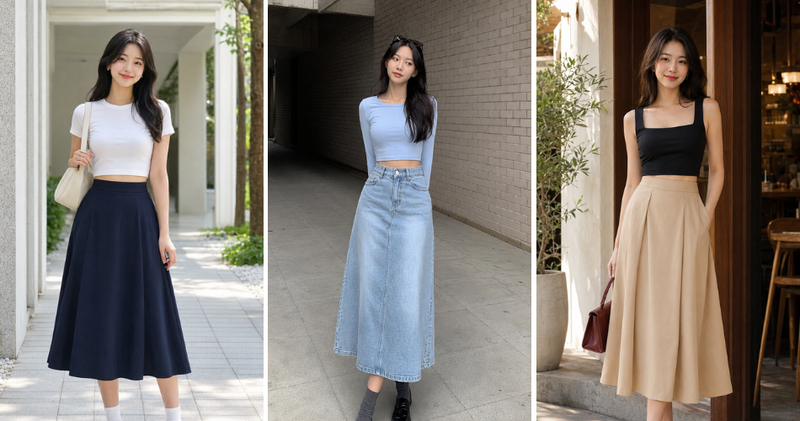 Combo áo croptop với chân váy chữ A dài chính là tiêu chuẩn hài hòa giữa sự trẻ trung và vẻ nữ tính.