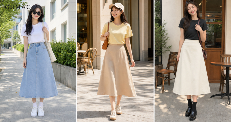 Phối chân váy chữ A với áo thun basic là cách nhanh nhất để có set đồ trẻ trung, năng động.