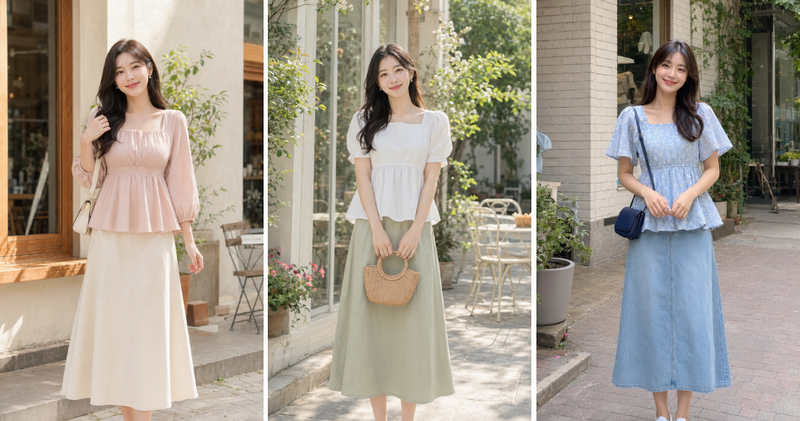 Phối chân váy chữ A dài với áo babydoll tạo nên outfit nữ tính và che khuyết điểm phần hông.
