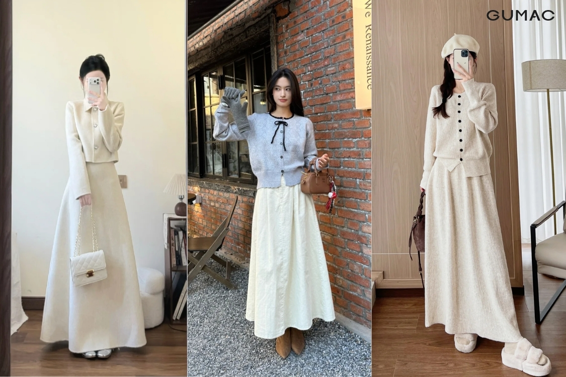 Phối đồ với chân váy chữ A dáng dài cho mùa lạnh.