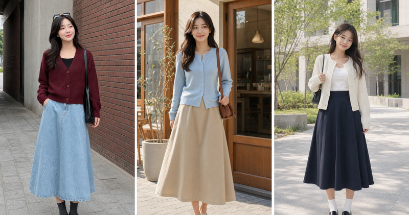 Sự kết hợp giữa chân váy chữ A dài và áo cardigan giúp nàng tạo nên vẻ ngoài nữ tính, dịu dàng.
