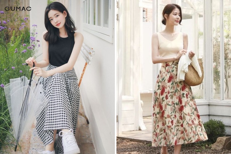 Chân váy vintage phối áo hai dây