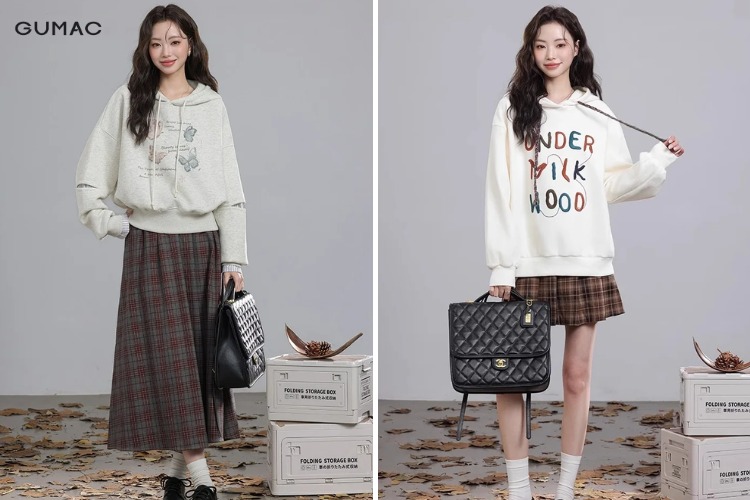 Chân váy vintage phối áo hoodie