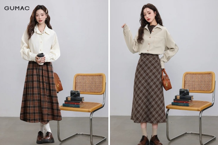 Chân váy vintage phối áo sơ mi