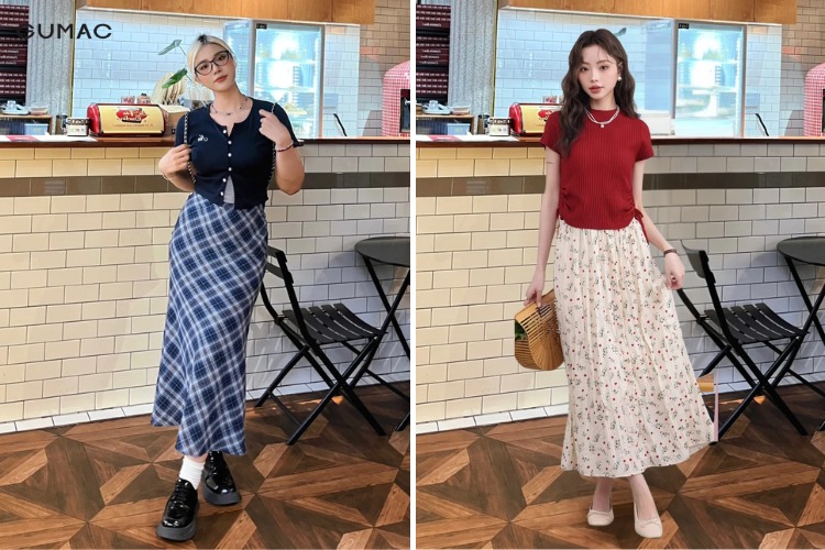 Chân váy vintage phối áo thun