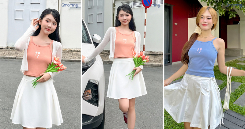 Áo hai dây khoác hờ một chiếc áo mỏng, phối cùng chân váy xòe ngắn nhẹ nhàng, nữ tính.