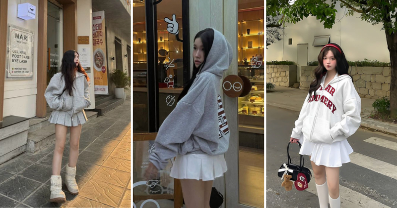 Áo hoodie mix chân váy ngắn vừa thời trang vừa giữ ấm.