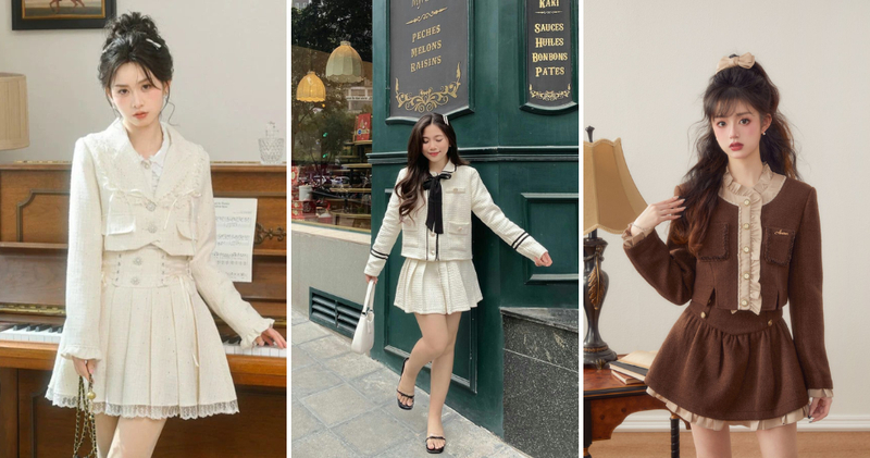 Áo Tweed/Dạ phối chân váy xòe ngắn sang chảnh, chuẩn quý cô.