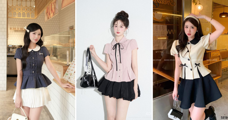 Chân váy xòe ngắn mặc cùng áo blouse tay bồng dịu dàng, nữ tính.