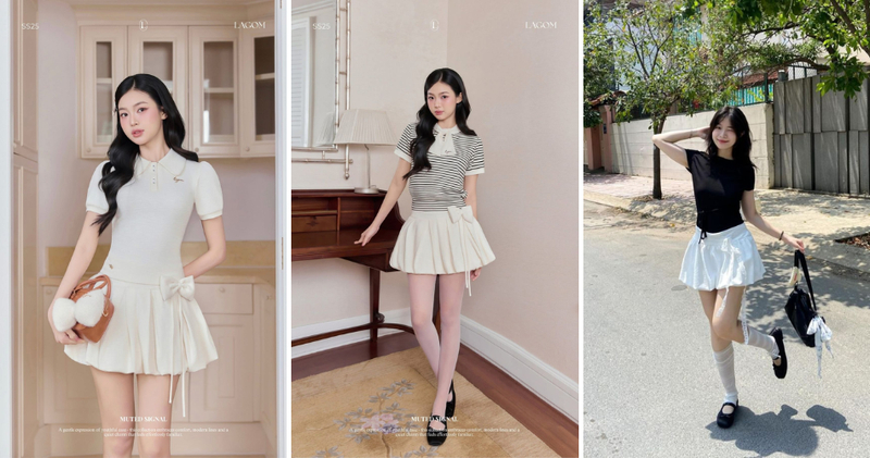 Combo áo thun cùng chân váy xòe ngắn vừa nữ tính vừa năng động.