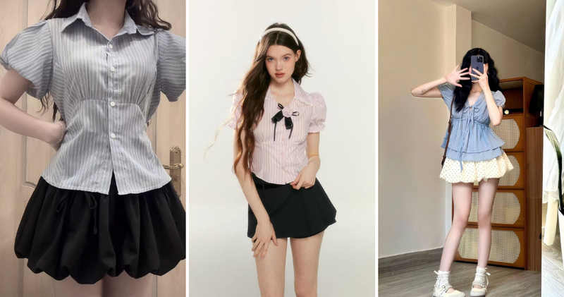 Làm mới phong cách bằng một chút ngọt ngào với áo blouse tay bồng và chân váy xòe ngắn.