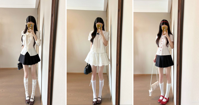 Sự kết hợp giữa chân váy xòe ngắn và áo sơ mi mang lại hiệu ứng gọn gàng, thanh lịch và chuyên nghiệp.