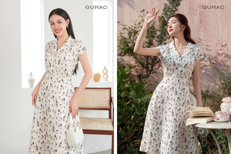 Đầm dáng dài trung niên dáng xòe xếp ly