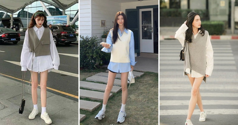 Đầm sơ mi phối gile len thanh lịch và hiện đại.