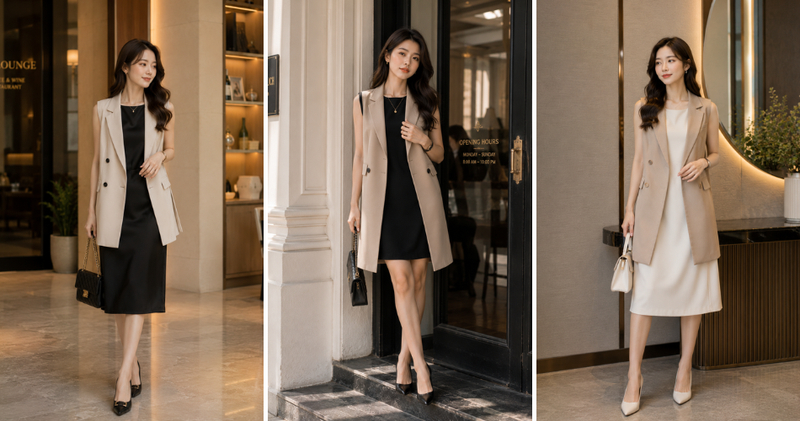 Đầm suông sát nách phối gile vest dáng dài cá tính và thời thượng.