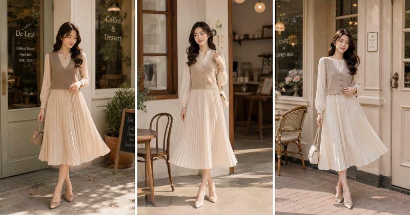 Đầm xếp ly phối áo gile nữ tính, bay bổng.