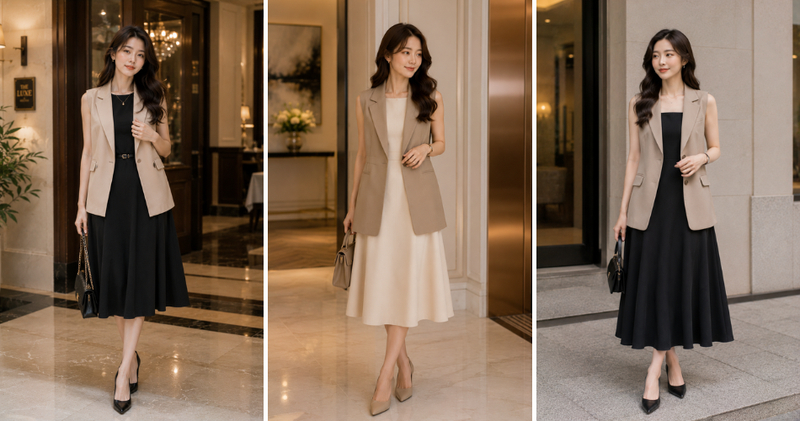 Đầm xòe trơn màu phối áo gile vest sang trọng và nữ tính.