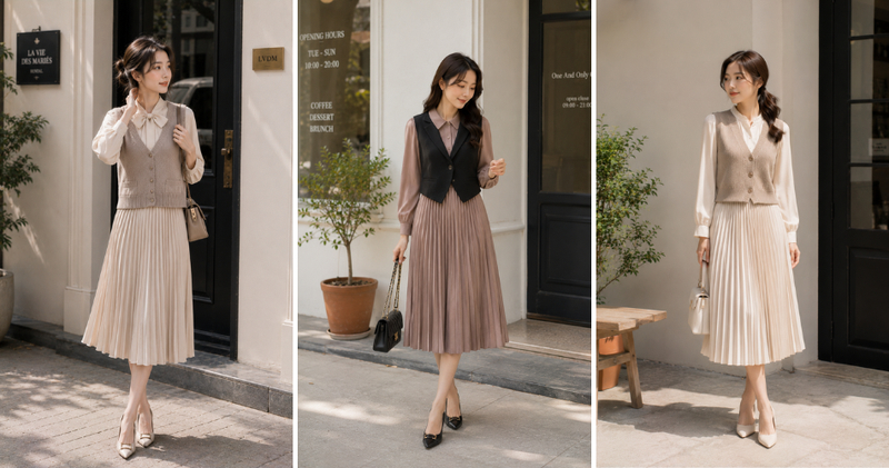 Khi diện gile với dáng váy xếp ly, bạn sẽ có một set đồ vừa thanh lịch lại vừa có độ phồng nhẹ nhàng, bay bổng.