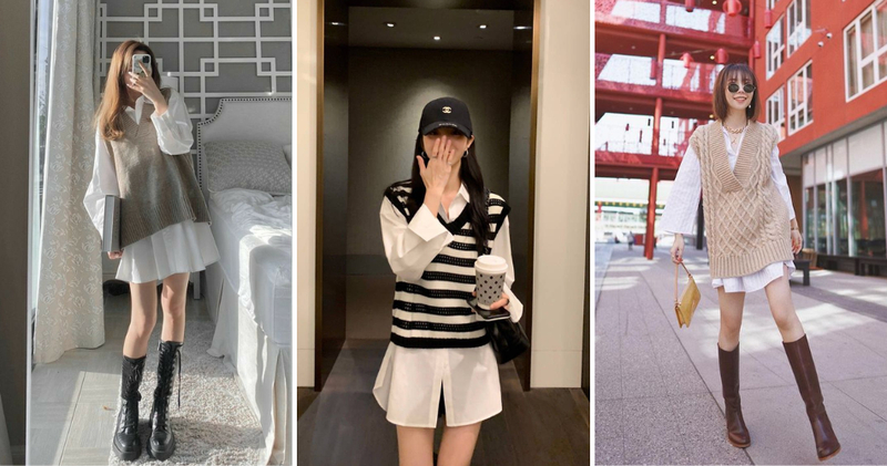 Sự kết hợp giữa đầm sơ mi và áo gile len mang đến một diện mạo chuẩn chỉnh cho các cô nàng công sở hoặc những buổi dạo phố nhẹ nhàng.